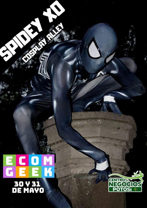 Spidey XD cosplay character in dark blue suit crouching on stone ledge with event details and sponsor logos