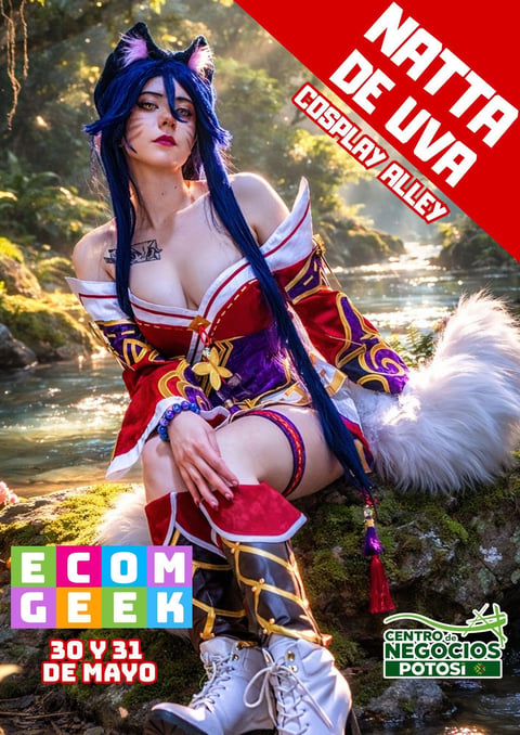 Cosplay character in red and purple costume with long blue hair posing by a stream, promotional poster for ECOM GEEK event May 30-31