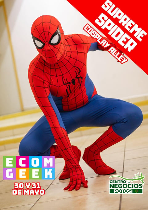 Person in Spider-Man costume crouching on wooden floor with event text and logos overlay