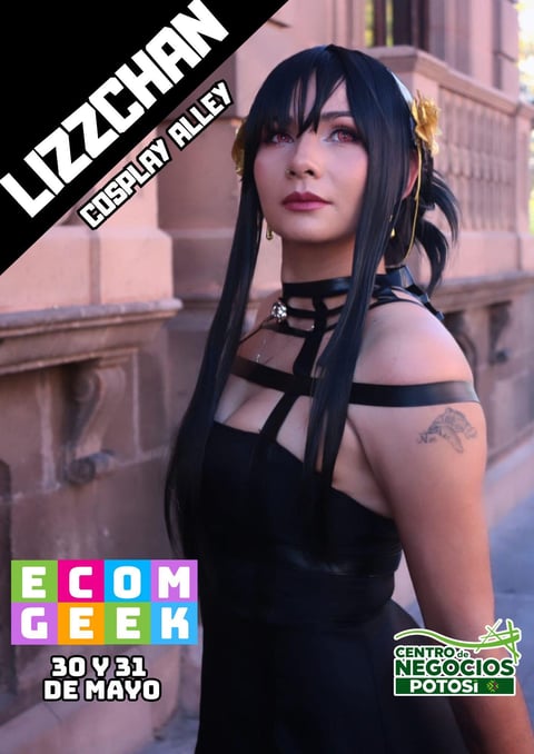 Animated character Lizcharn with black hair and black strapped outfit on urban rooftop background. Event poster for Ecom Geek May 30-31.