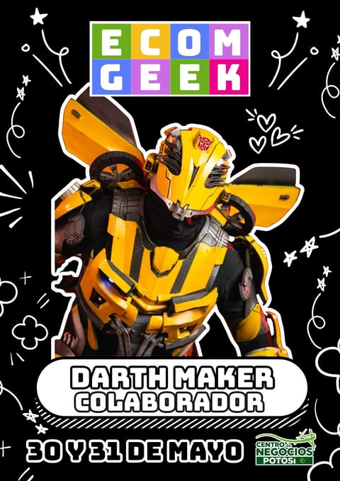 Ecomgeek poster featuring yellow and black robot Bumblebee transformer with colorful text banner and decorative elements on black background