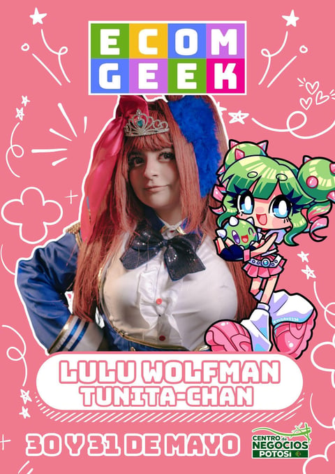Ecom Geek poster featuring cosplayer as anime character with pink and blue hair, holding staff, pink background with decorative elements