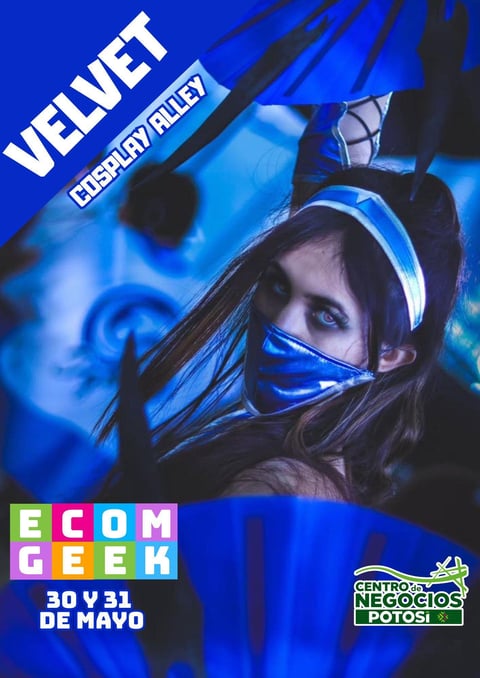 Poster for Ecom Geek event featuring a person in blue cyberpunk attire with headphones against a digital background