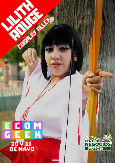 Woman in white and red martial arts costume holding wooden staff, Little Police cosplay event promotional poster