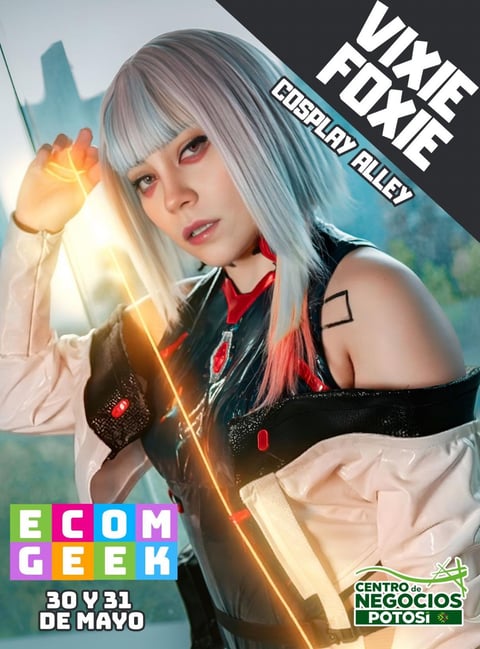 Person in white and black outfit with silver hair and glowing hand effect for ECOM GEEK event May 30-31