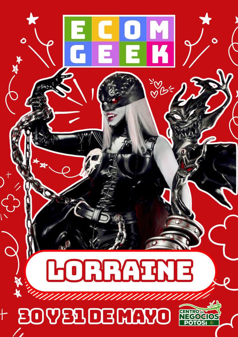 Concert poster for ECOM GEEK featuring artist Lorraine in black outfit against red background with decorative elements, May 30th event