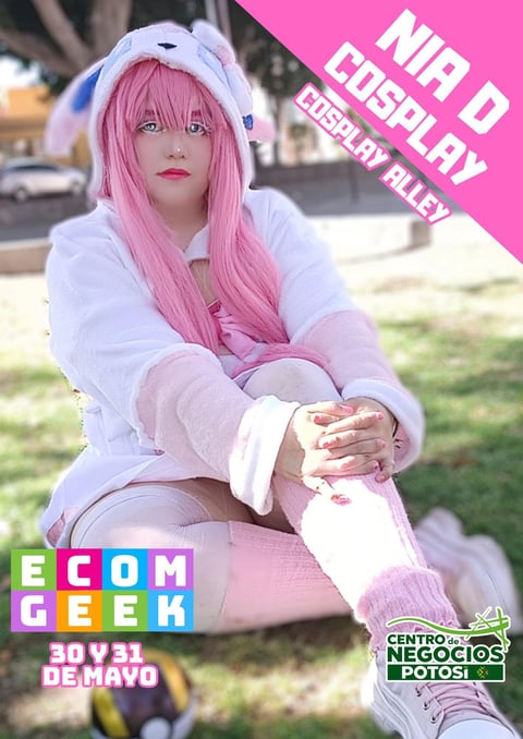 Cosplayer in pink wig and white costume sitting outdoors, promotional poster for Nerd Cosplay Alley event May 30-31