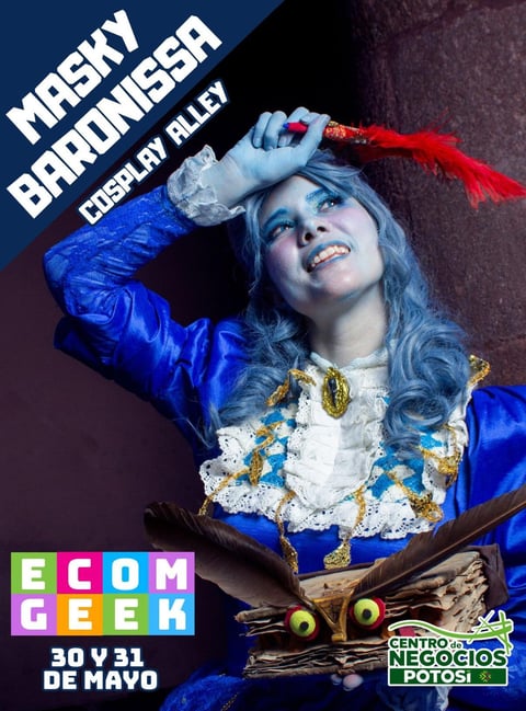 Cosplayer in elaborate blue and white costume with feathered headpiece holding red feather fan at convention