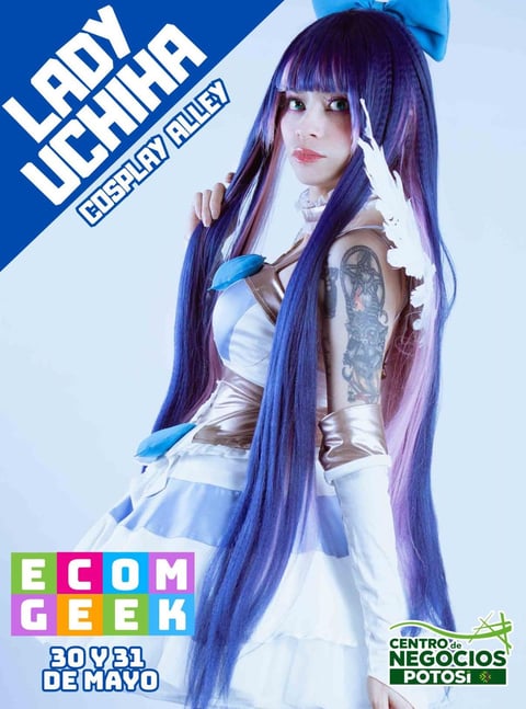 Woman cosplayer with long purple and blue hair in white outfit, promotional poster for Lady Uchida ECOM Geek event May 30-31