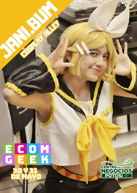 Cosplayer dressed as anime character with blonde wig, black and yellow outfit, striking a playful pose at an event