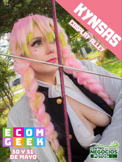 Person with pink and yellow hair wearing black and white outfit at outdoor event, ECOMGEEK festival poster with dates May 30-31