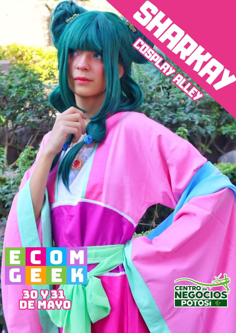 Person in vibrant pink and turquoise anime-style costume with teal wig at Ecom Geek event poster