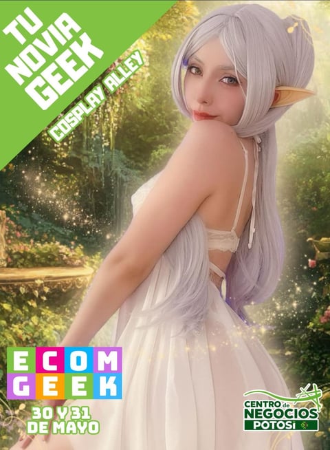 Anime-style elf character with silver hair in garden setting, promotional poster for Ecom Geek event on May 30