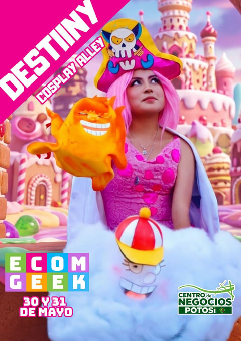 Person with pink hair wearing purple dress and owl crown in whimsical candy castle setting with orange creature, Destiny event poster