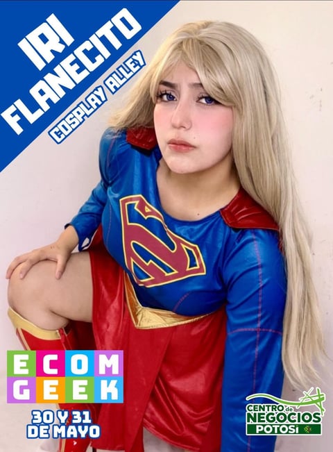 Woman wearing Superman costume with blonde hair at ECOM GEEK event on May 31