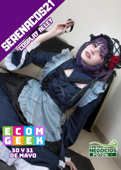 Person with purple hair and red rose accessories wearing dark jacket, posing for eCommerce event poster dated May 30-31